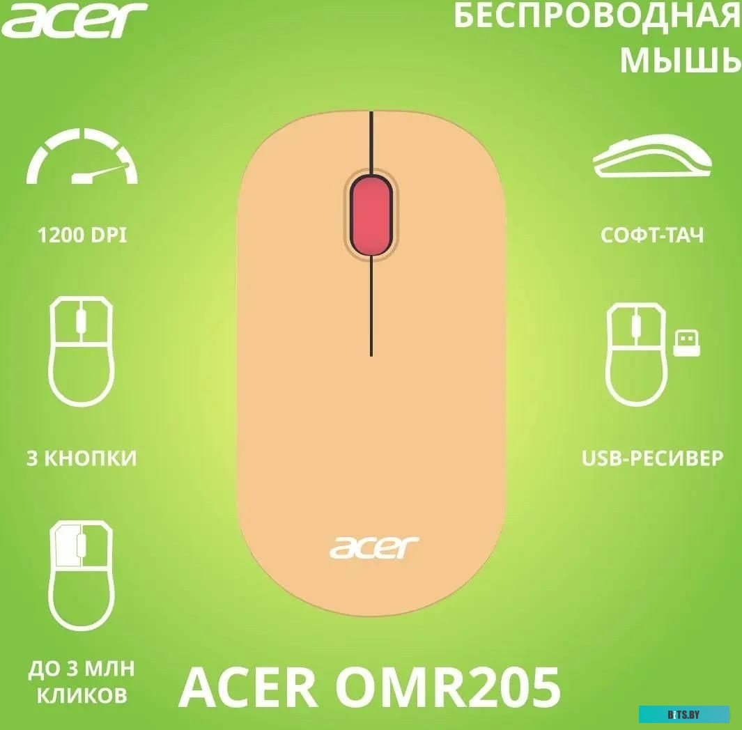 ZL.MCEEE.02L Мышь Acer OMR205, оптическая, беспроводная, USB, розовый и бежевый [zl.mceee.02l]