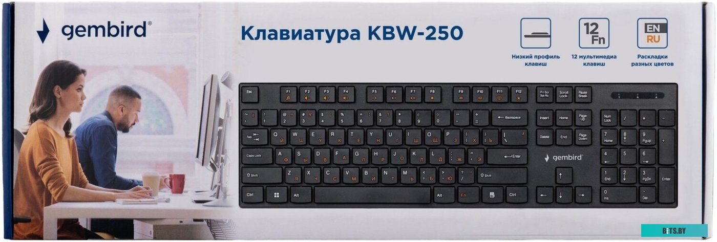 Клавиатура беспроводная Gembird KBW-250, 104кл, 12Fn, низкий профиль, 2.4 ГГц, черная KBW-250