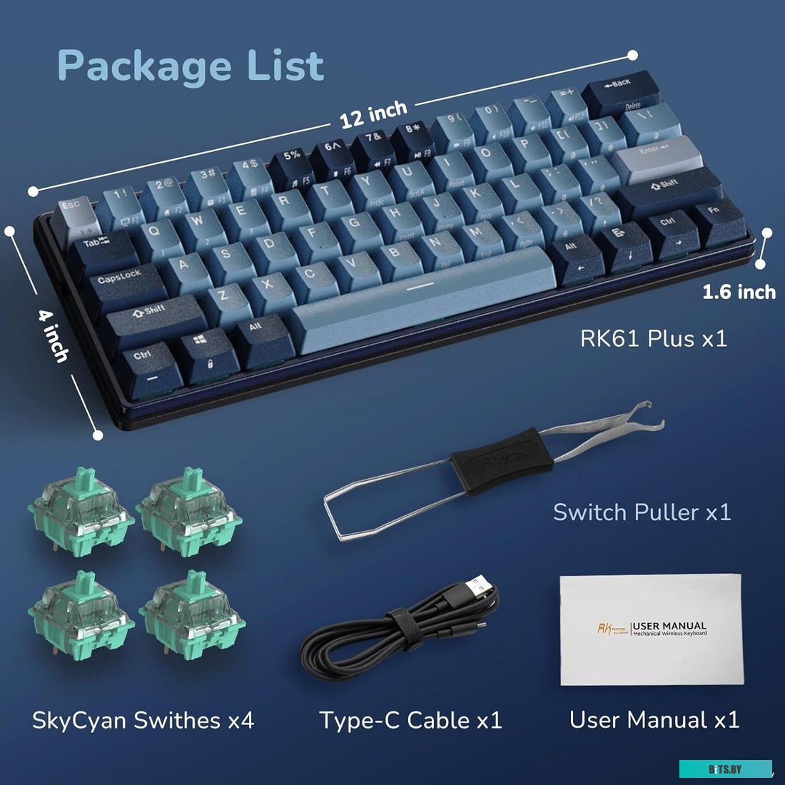 Клавиатура Royal Kludge RK61 Plus RGB (черный, RK Cyan)