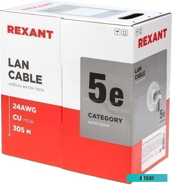 Кабель витая пара Rexant (01-0059) U/UTP, CAT 5e, ZH нг(А)-HF, 4PR, 24AWG, INDOOR, SOLID, серый, 305м LIGHT