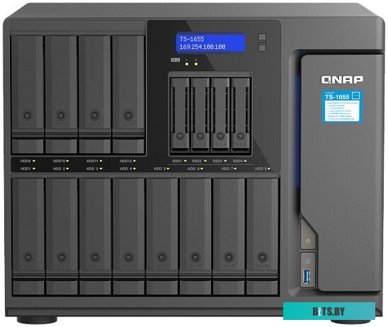 TS-1655-8G Сетевой RAID-накопитель QNAP TS-1655-8G 12 отсеков 3,5"/2,5", 4 отсека 2,5", 2 порта M.2, 2 порта 2,5 GbE BASE-T. Intel Atom C5125 2,8 ГГц,