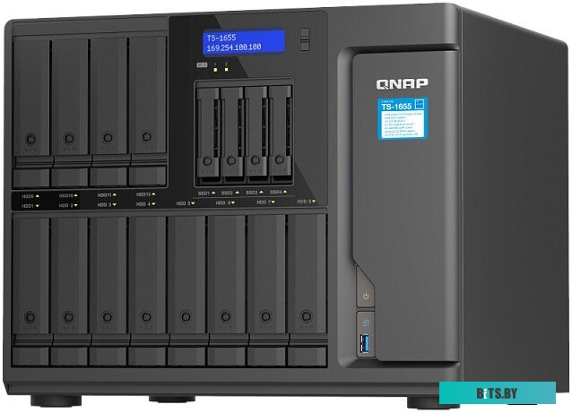 TS-1655-8G Сетевой RAID-накопитель QNAP TS-1655-8G 12 отсеков 3,5"/2,5", 4 отсека 2,5", 2 порта M.2, 2 порта 2,5 GbE BASE-T. Intel Atom C5125 2,8 ГГц,