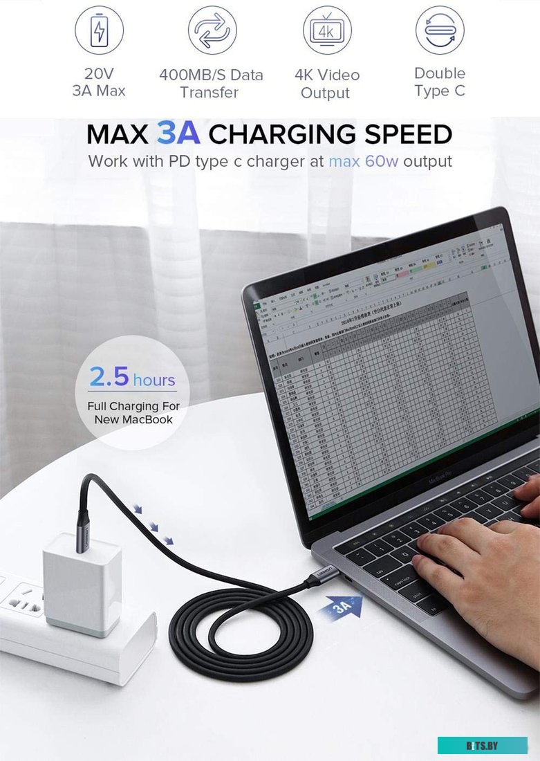 Кабель Ugreen US161 50751 USB Type-C - USB Type-C (1.5 м, черный/серый)