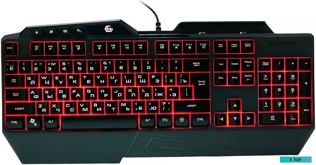 Клавиатура Gembird KB-G450L, полноразмерная, 104кл+4доп, 12Fn, подсветка 3 цвета, подставка для тел, 1.5м, черная KB-G450L